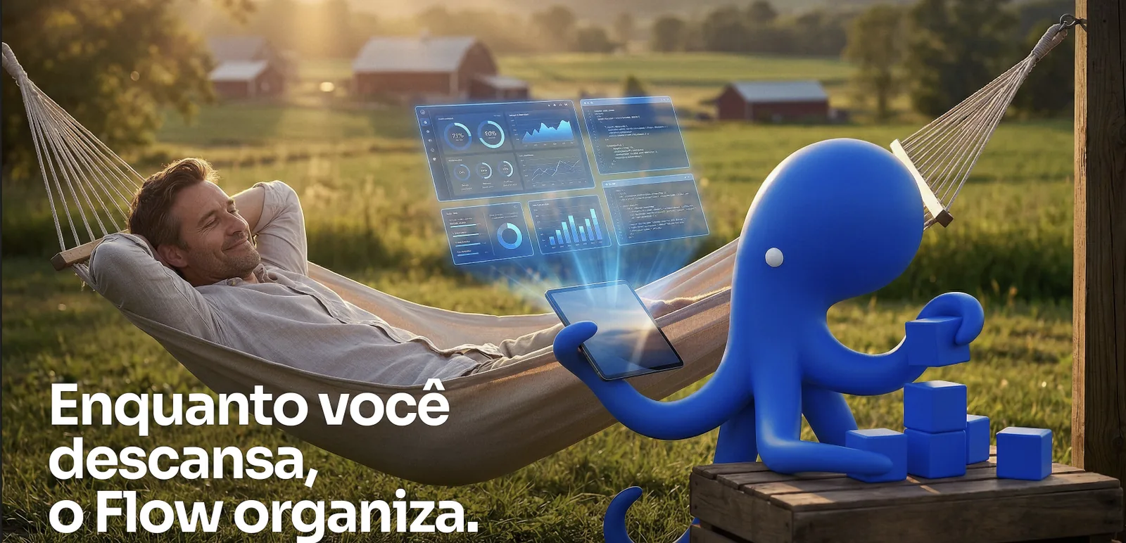 Gestor descansando na rede enquanto o polvo do Flow organiza os dados: enquanto você descansa, o Flow organiza